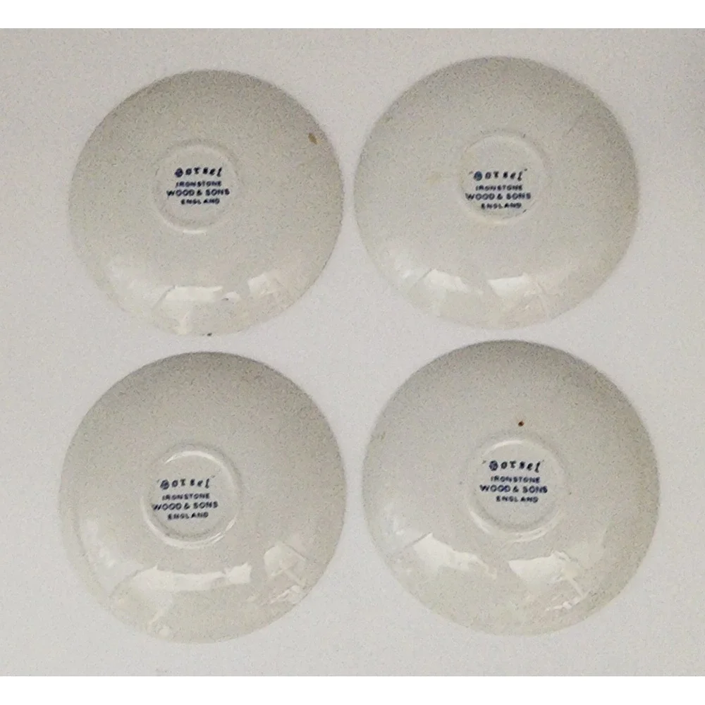 Wood's England Dorset Tea Cup Saucers 5pc Blue White Floral Vintage Transferware
